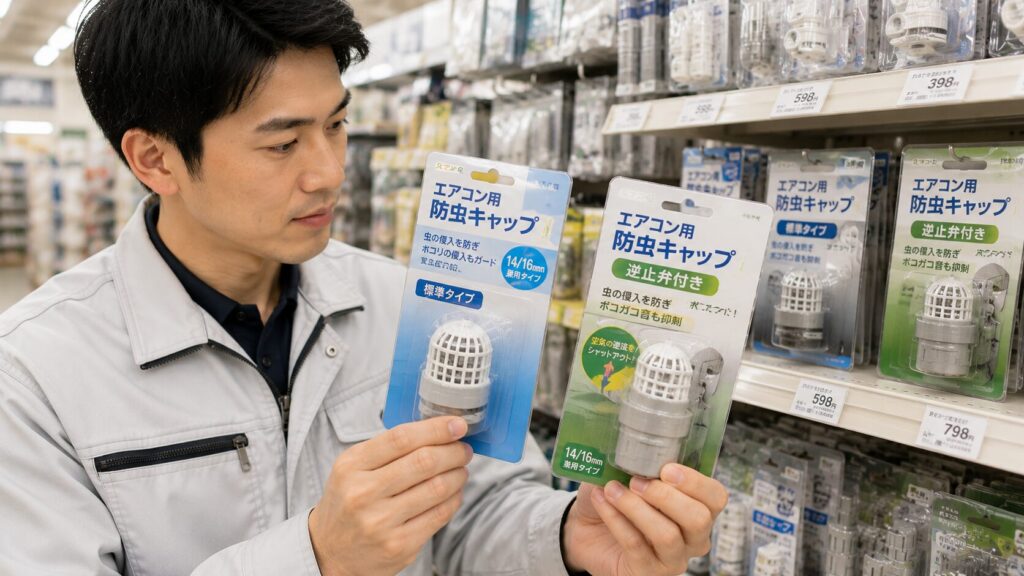 ホームセンターの売り場で、標準型と逆止弁付きのエアコン防虫キャップを比較検討する日本人作業員の画像