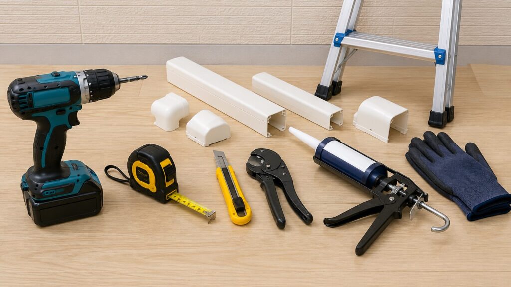 エアコン配管カバーDIYに必要な道具一式（電動ドライバー、メジャー、カッター、コーキングガン）