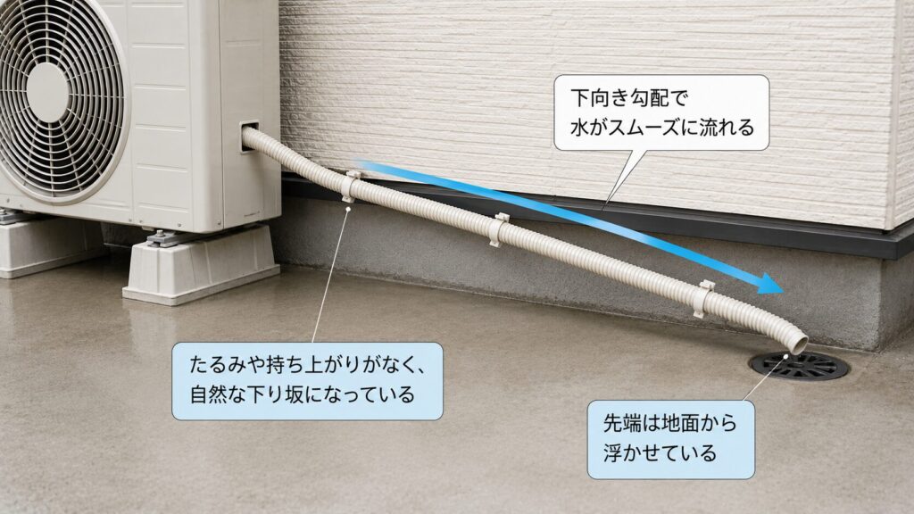 たるみなく、下向き勾配で正しく配管されたエアコンのドレンホースの様子