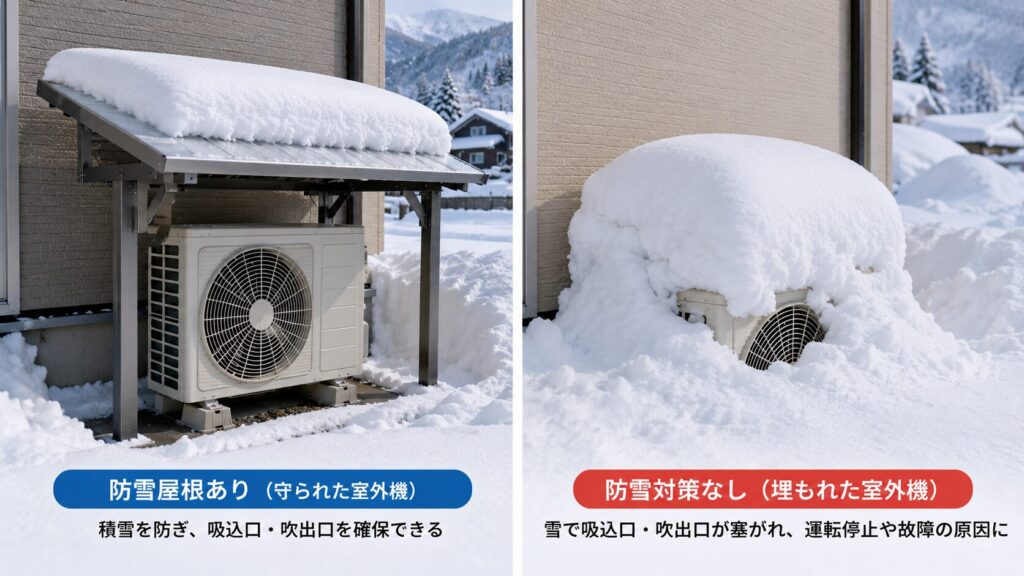 豪雪地帯で防雪屋根により積雪から守られたエアコン室外機と埋もれた室外機の比較