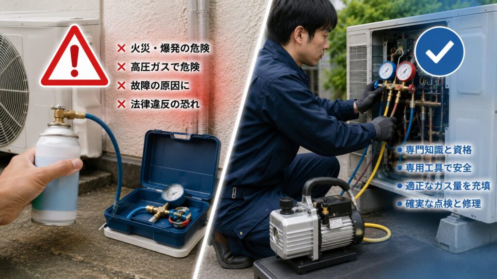 DIYでのガス補充のリスク(左:簡易キット、注意)と、プロによる専門工具(右:真空ポンプ、ゲージ)を用いた確実な作業の対比。