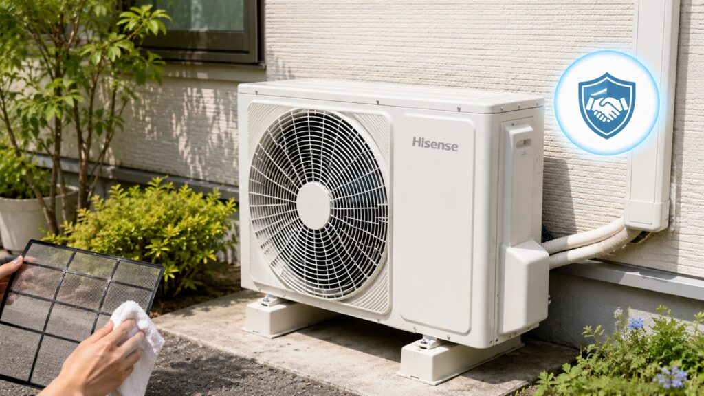 日本の一般的な住宅の外壁に設置された、ハイセンス製エアコンの室外機。安定して設置され、問題なく稼働している様子。故障リスクを軽減するための日々のメンテナンスや、販売店の提供する長期延長保証(テキスト表示なしのアイコン)の存在を想起させる。