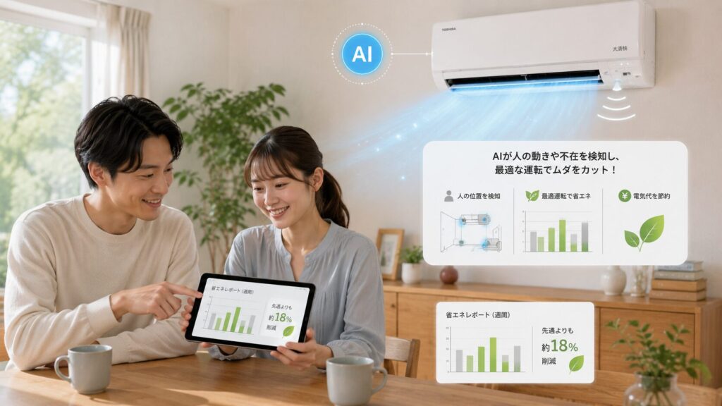 日本のダイニングで、カップルがタブレットで省エネレポート(グラフやリーフアイコン)を見ながら笑顔で話している様子。壁の東芝エアコンにはAIセンサー稼働中のアイコンが表示され、効率的な運転をイメージ。
