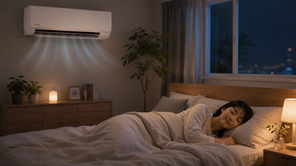 パナソニックエアコンが設置された、静かで快適な睡眠環境を提供する日本の寝室