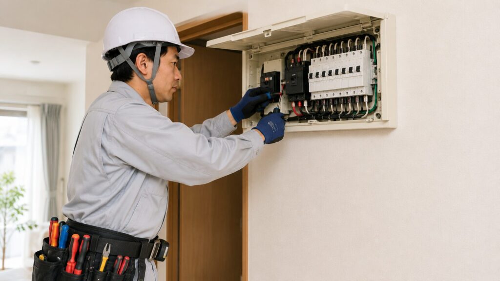 日本の住宅の壁に設置された分電盤を開け、エアコン専用のブレーカーを新たに追加して配線工事を行う、工具を腰に提げた日本人電気工事士。