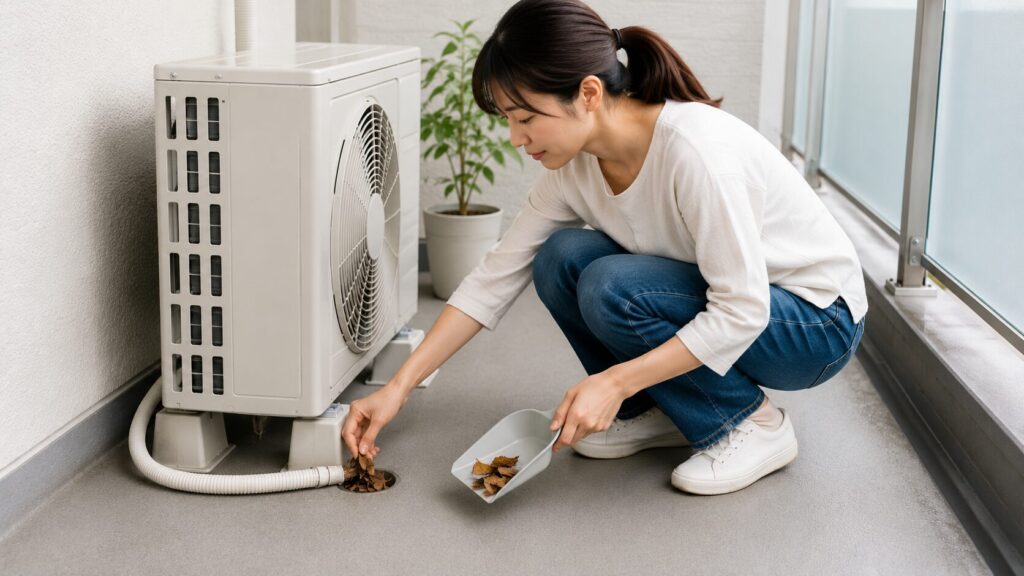アパートのベランダで、室外機の周りを片付け、ドレンホースの出口に詰まった落ち葉を取り除く日本人女性。室外機周辺はきれいに保たれている。