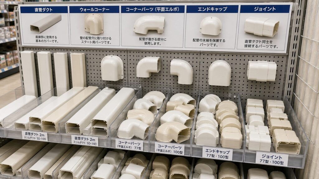 ホームセンターで陳列されている様々なエアコン配管カバー部材（直管、コーナー、エンドキャップなど）