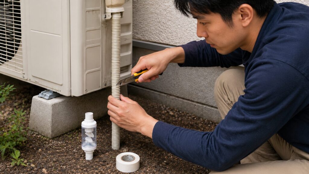 DIYでエアコンのドレンホース(垂直配管)をカッターで切断し、エアカットバルブを取り付ける準備をする日本人男性