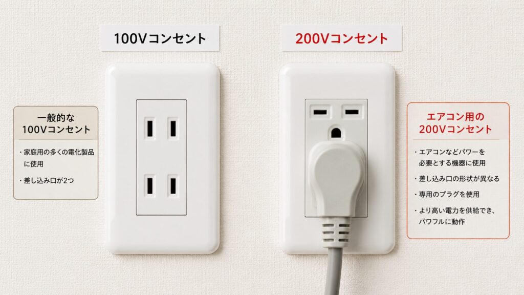 日本の住宅の壁に設置された、一般的な100Vコンセント(左)と、エアコン用のパワフルな200Vコンセント(右、プラグ挿入済み)の物理的な形状比較。