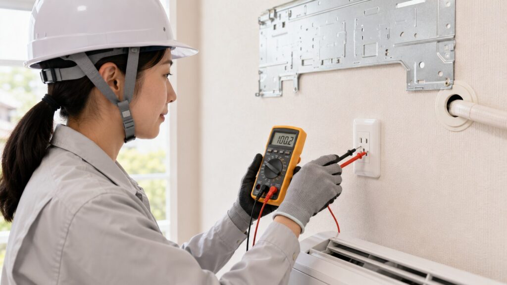 日本の一般的な住宅の壁にある、エアコン専用の電気コンセント。その形状(100V用または200V用)と電圧を、マルチメーターを使って確認している日本人の女性電気工事士の手元。壁面には設置前のエアコン室内機の背面板が取り付けられている。正確な事前確認の様子。