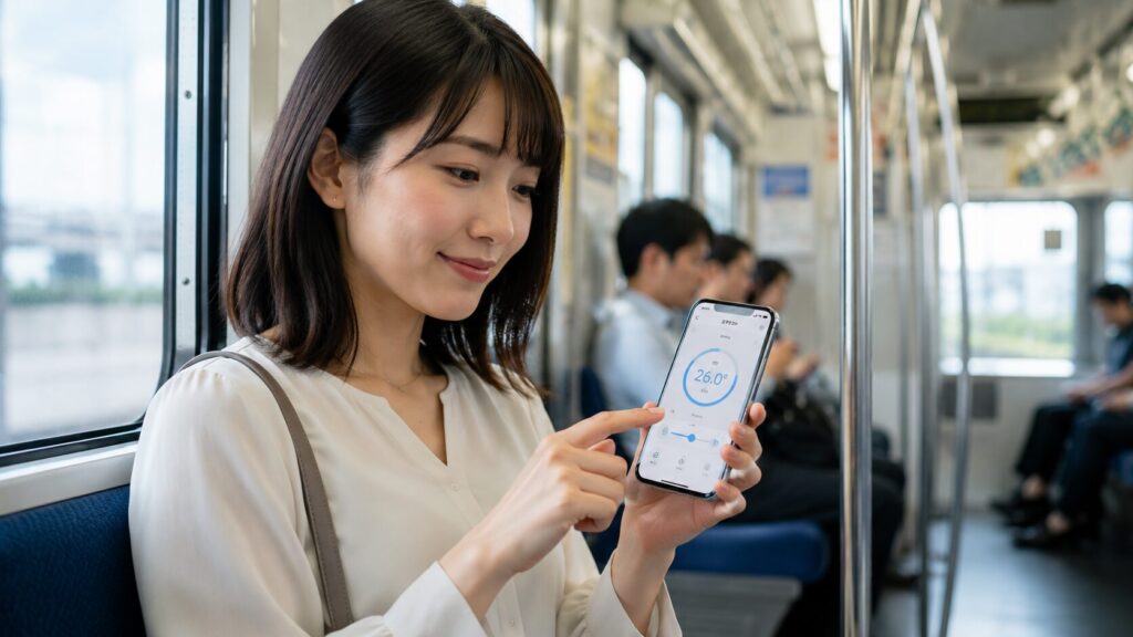 電車の中でスマートフォンを使い、自宅のアイリスオーヤマエアコンを遠隔操作する日本人の女性。