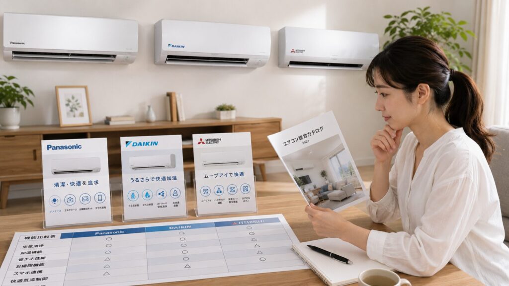 パナソニック、ダイキン、三菱電機など各社エアコンの機能や特徴を比較するイメージ