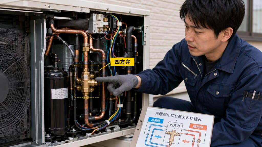 エアコン室外機内部の様子。日本人の専門修理業者が、冷暖房を切り替える重要な部品である「四方弁」を指差し、故障の可能性を解説している。複雑な配管と部品が見える。