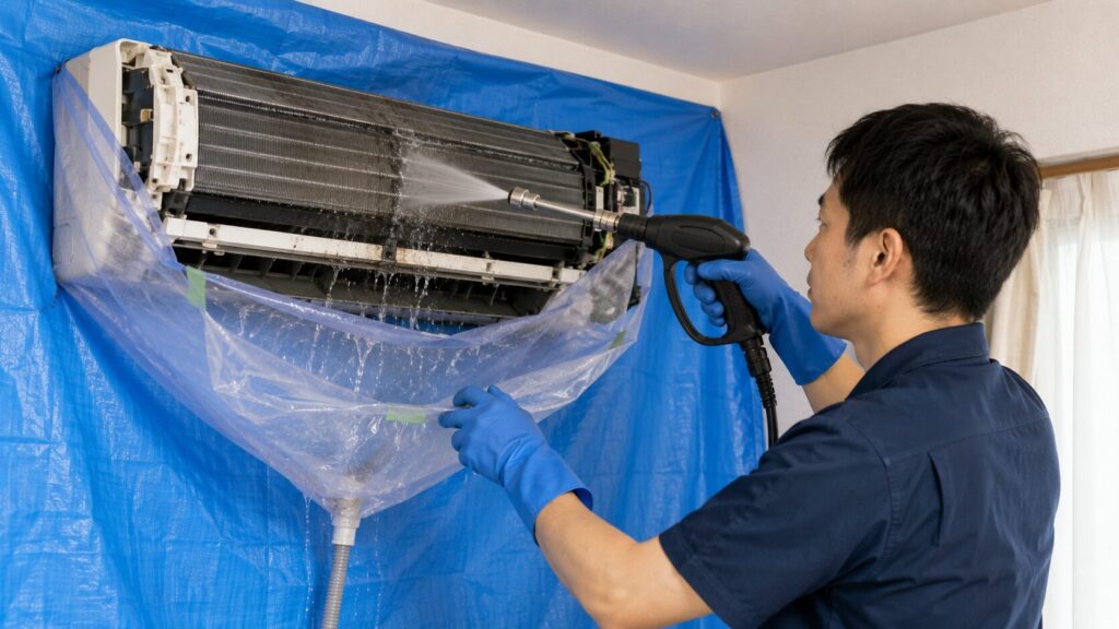 専用の機材と青い養生シートを使い、エアコン内部の汚れを高圧洗浄で徹底的に落とすプロのクリーニング業者。