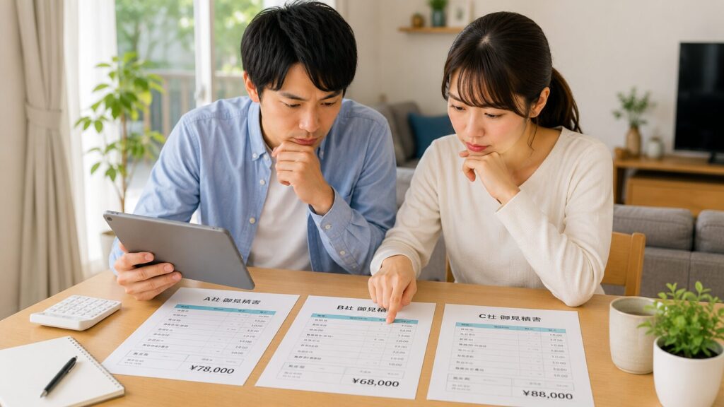 明るい日本のリビングで、テーブルの上に並べられた複数のエアコン工事見積書を、タブレットを使いながら熱心に比較・検討する日本人夫婦。