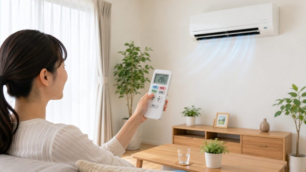 明るいリビングで、リモコンを使ってエアコンを操作する日本人女性の手元。適切な温度設定で快適に過ごす様子。