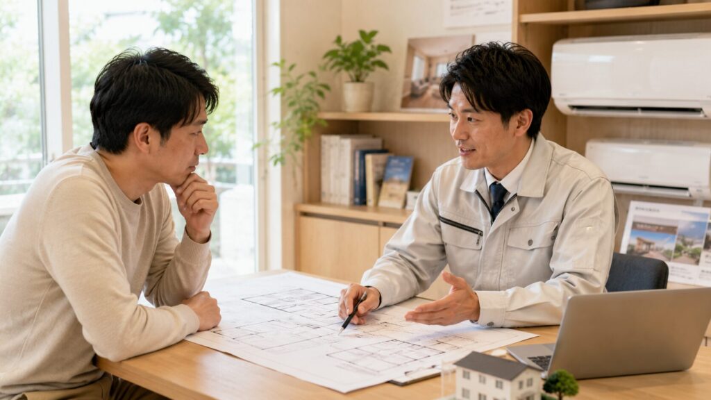 明るい相談スペースで、住宅の図面を広げながら、日本人の専門家に真剣な表情でエアコン選定の相談をする日本人男性。プロのアドバイスによる信頼感。