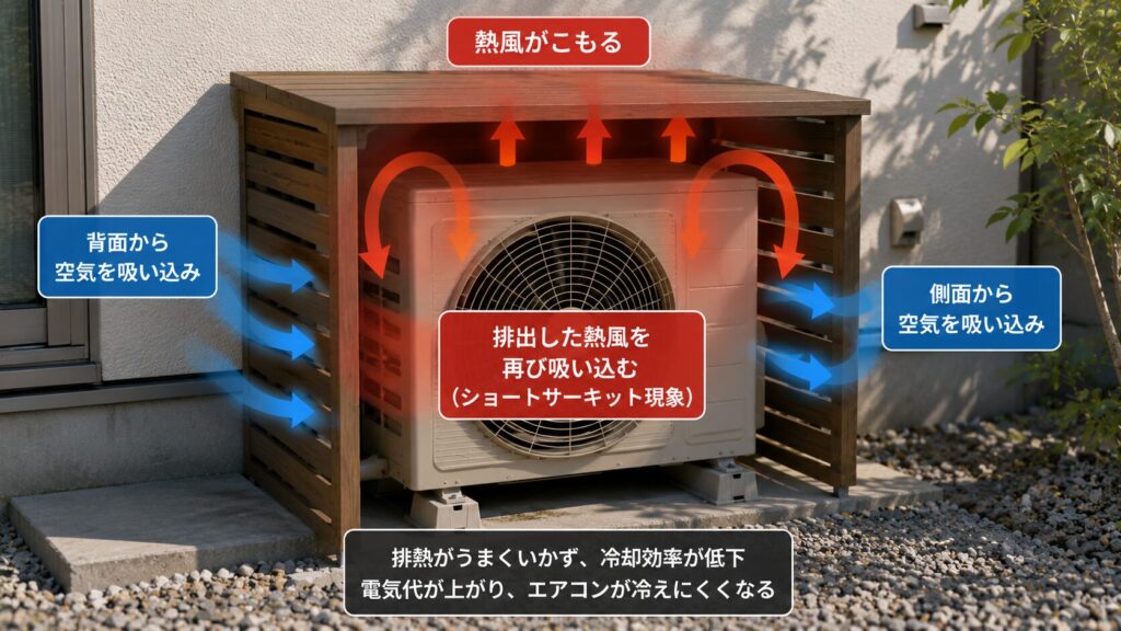 不適切な室外機カバーで排熱が滞りショートサーキット現象が発生しているイメージ