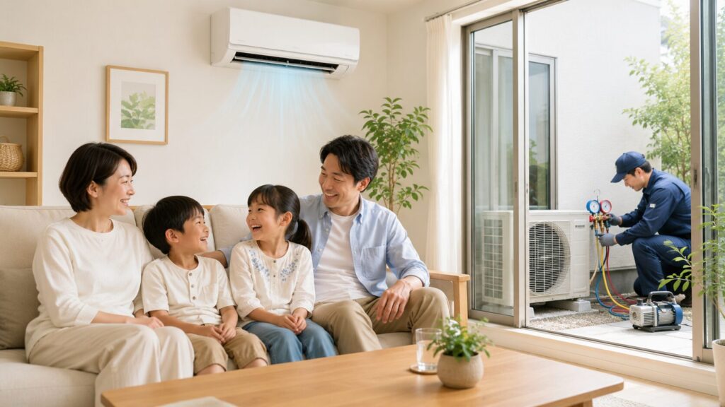 プロによる適切な修理とガス補充が完了し、快適な空気環境で笑顔でくつろぐ日本の家族。安全と信頼の結果。