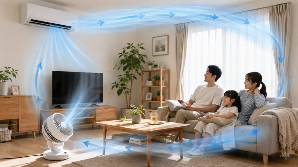 エアコンが稼働するリビングルームで、サーキュレーターを天井に向けて回し、部屋全体の空気を循環させる様子。日本人家族が快適に過ごしている。