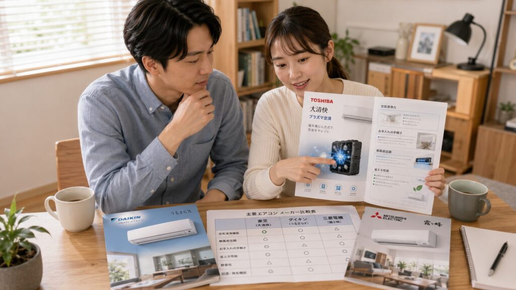 明るい日本の住まいの書斎で、カップルが複数のエアコンメーカー(東芝、ダイキン、三菱)のカタログを広げ、機能比較表やスペックを真剣に検討している専門的なシーン。東芝のプラズマ空清機能への注目を表現。