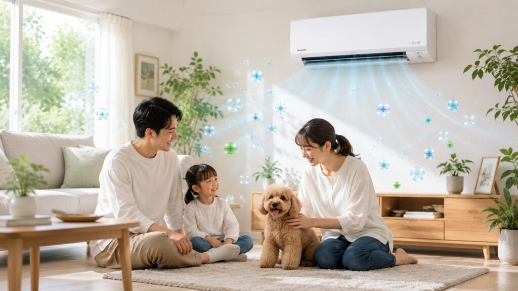 ナノイーX搭載のパナソニックエアコンで、清潔な空気環境の中を笑顔で過ごす日本の家族とペット