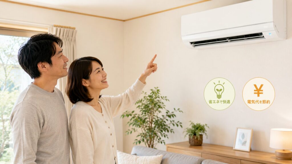 明るいリビングルームで、日本人の夫婦が設置された新しい省エネエアコンを指差して笑顔で見つめている。10年以上使用した古いエアコンから買い替えたことによる、快適性と光熱費削減のメリットをイメージしている。