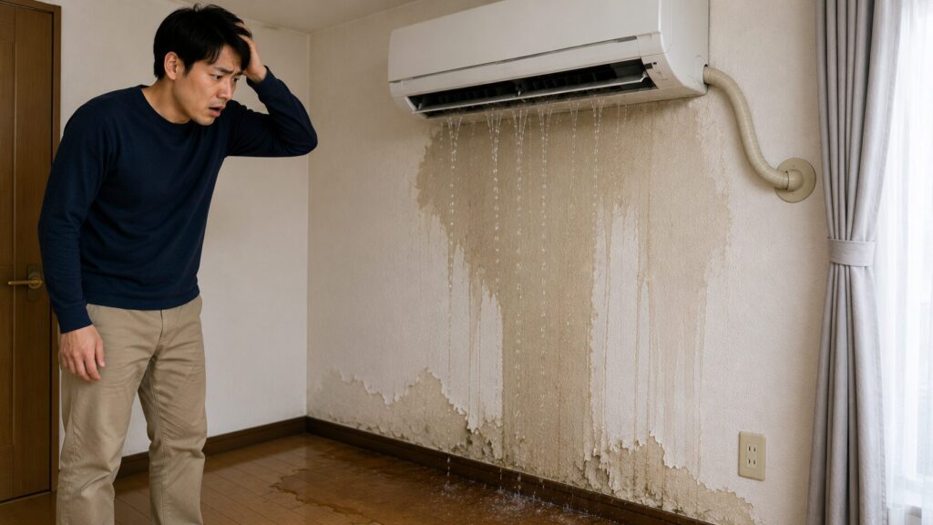 エアコンのDIY設置に失敗し、室内機から水漏れして壁紙と床が濡れている様子。重大なリスクの例。
