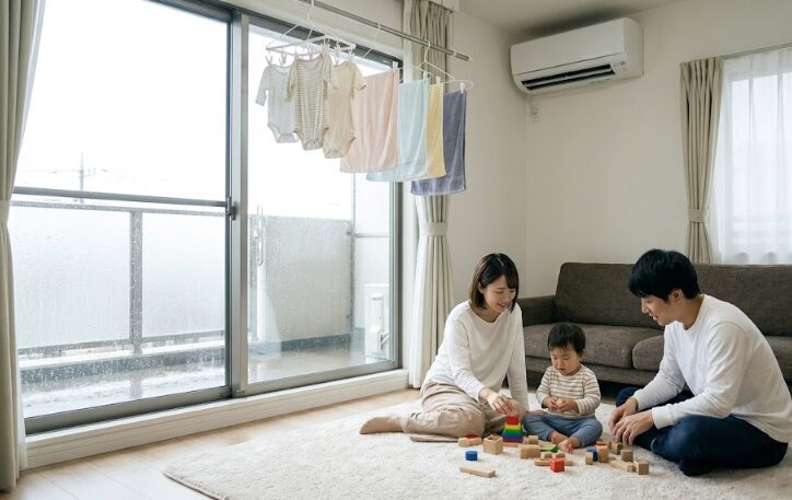 雨が降る梅雨時、白くまくんの「カラッと除湿」が作動する清潔な室内で、部屋干しの洗濯物のそばで快適そうに遊ぶ日本人の家族。日本の気候に最適な機能を表現。