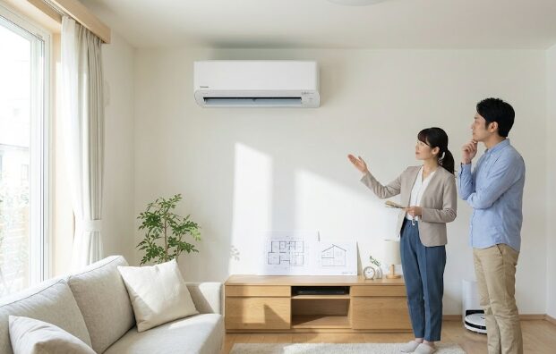 コンパクトな日本のマンションのリビングで、インテリアデザイナーと住人が壁に設置された東芝エアコンの奥行き(サイズ感)を真剣に確認している様子。設置後の圧迫感を事前に検討するイメージ。