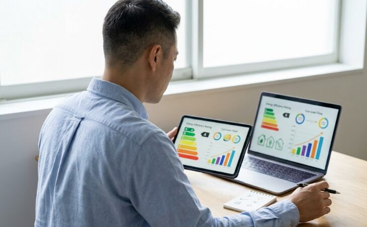 自宅のデスクで、タブレットとパソコンを使い、省エネ性能ラベルや電気代シミュレーションのグラフを真剣に比較検討する日本人の男性。長期的なコストパフォーマンスを重視する姿勢を視覚化。