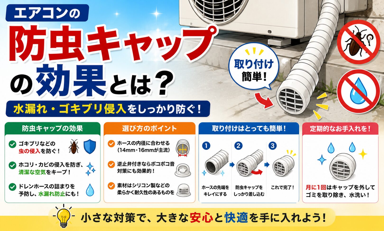 エアコンの防虫キャップの効果とは?水漏れやゴキブリを防ぐ正しい付け方