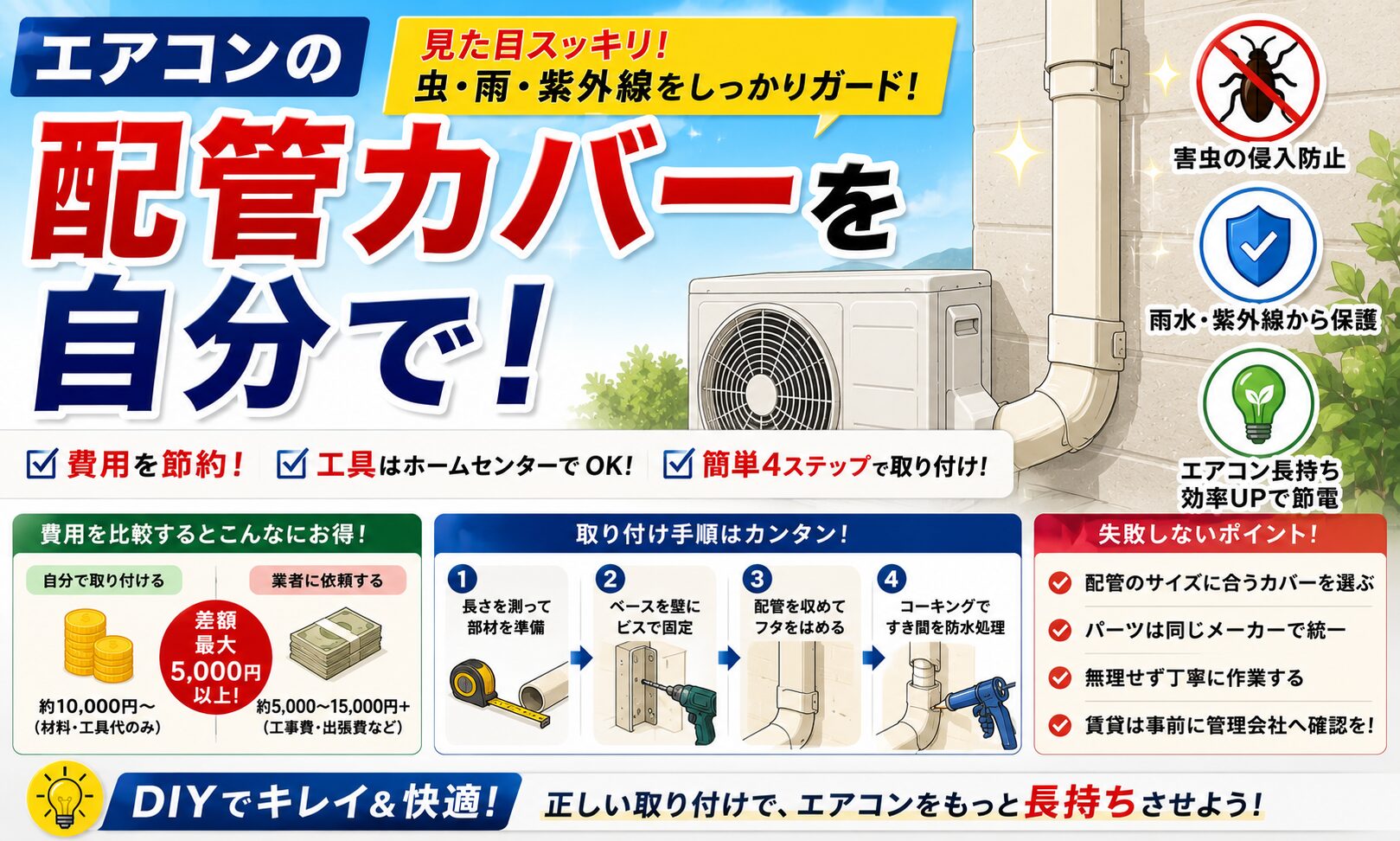エアコン配管カバーを自分で！費用相場と失敗しない取り付け手順