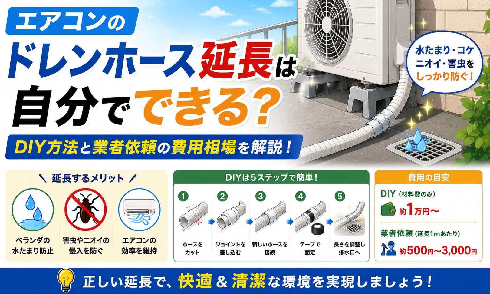 エアコンドレンホース延長は自分でできる？DIY方法と業者依頼の費用相場