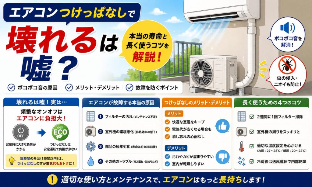 エアコンつけっぱなしで壊れるは嘘？本当の寿命と長く使うコツ