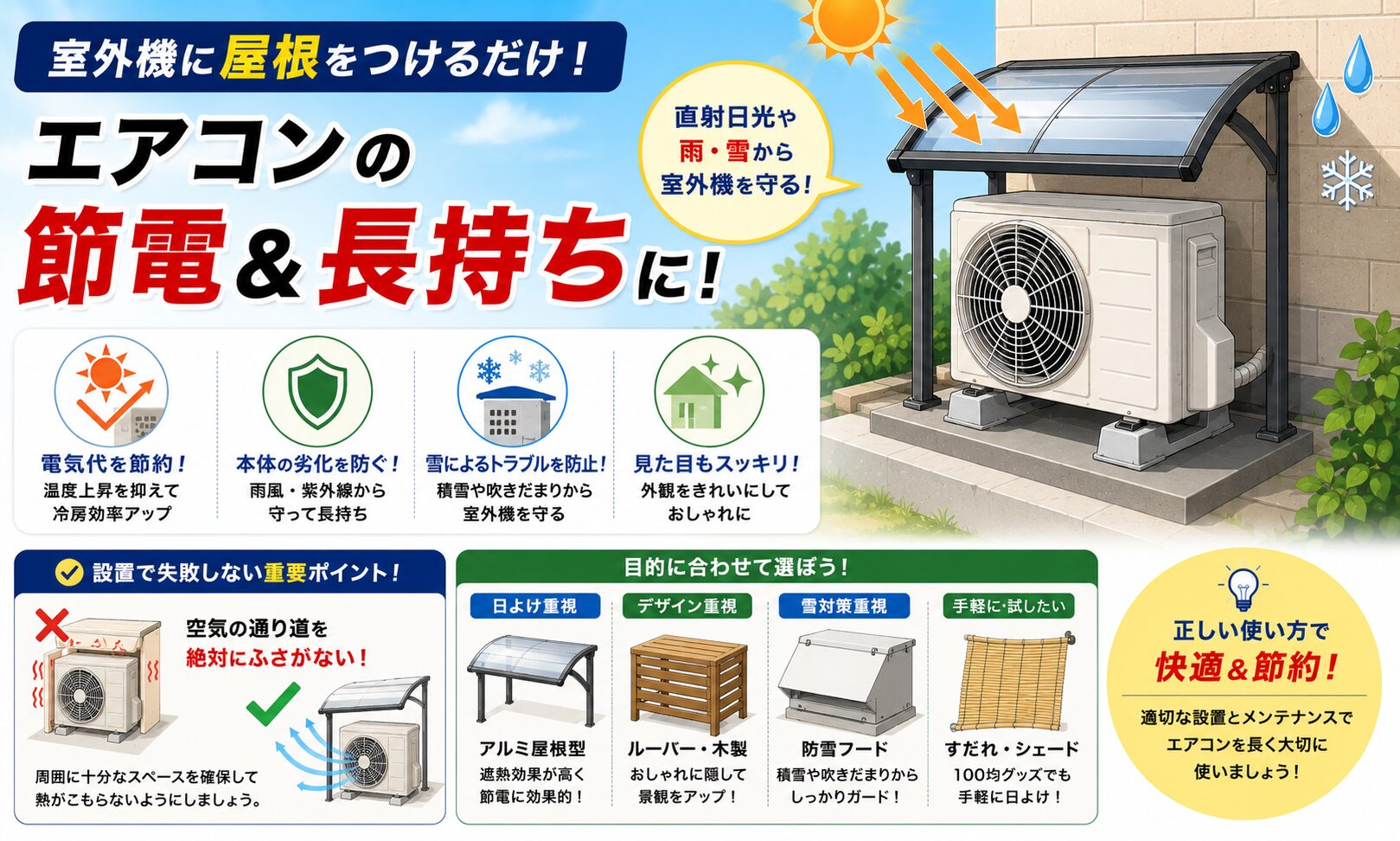 エアコン室外機への屋根設置で節電!電気代が安くなる理由と注意点