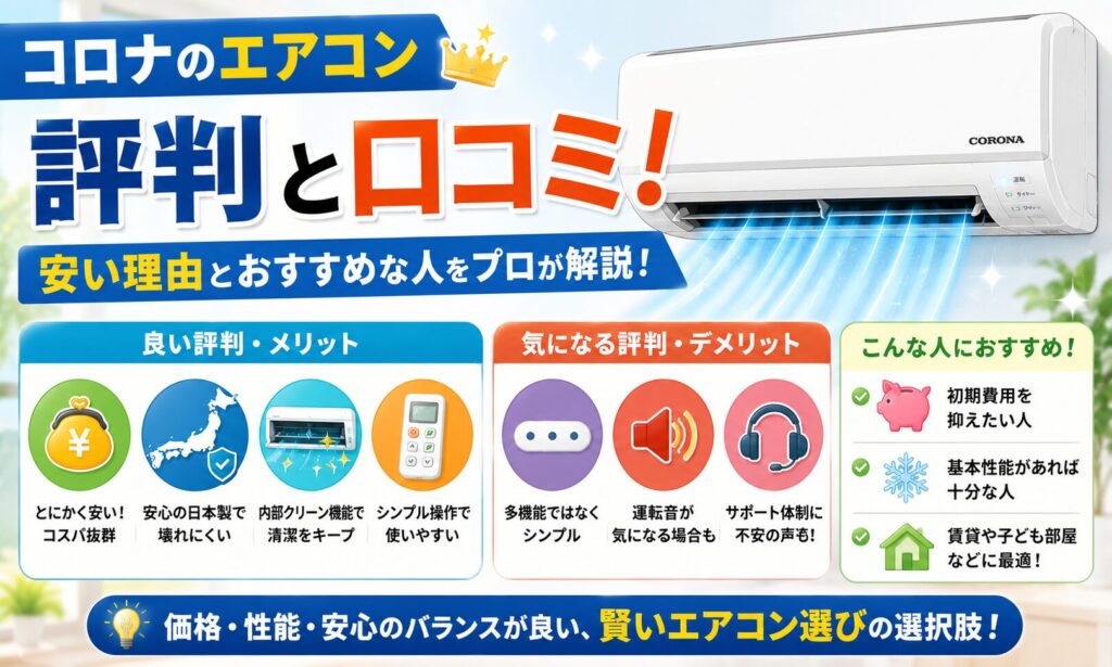 【プロ解説】コロナエアコンの評判！安い理由とおすすめな人