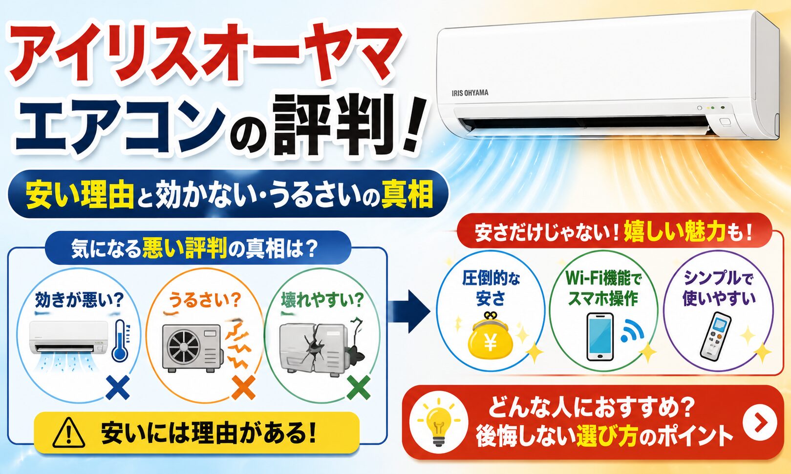 アイリスオーヤマエアコンの評判!安い理由と効かない・うるさいの真相