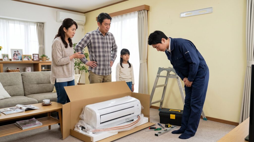 新しいエアコンの取り付けができずリビングで途方に暮れる家族と、事情を説明する作業員