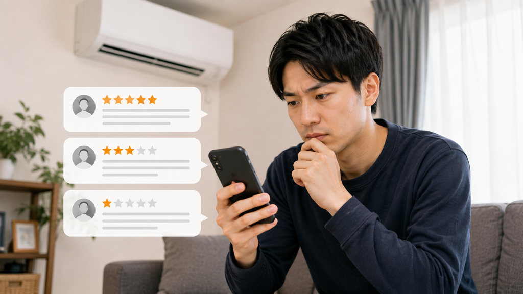 エアコン工事の評判や口コミをスマートフォンで真剣に調べている日本人の様子