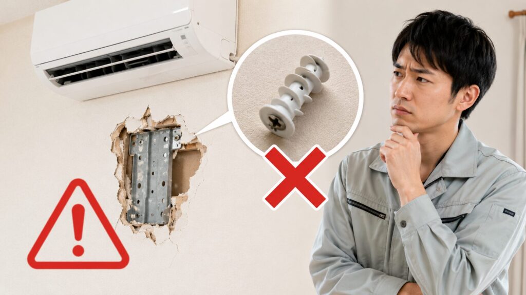 エアコンの室内機とボードアンカーを比較する日本人作業員。石膏ボード壁への固定の危険性を示唆。
