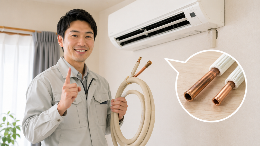 笑顔でエアコン配管について説明する日本人の男性作業員