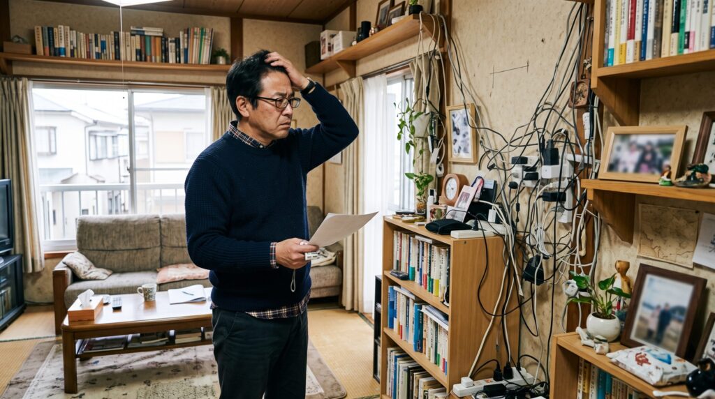 エアコン設置予定の壁と散らかった部屋を見て不安そうな様子の人物