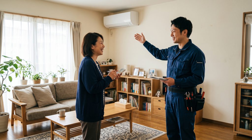 エアコン取り付けの現地調査で相談に乗る作業員の様子