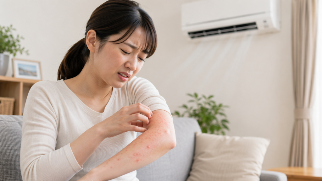 チャタテムシによるアレルギー症状で腕に発疹が出てかゆみを感じている様子