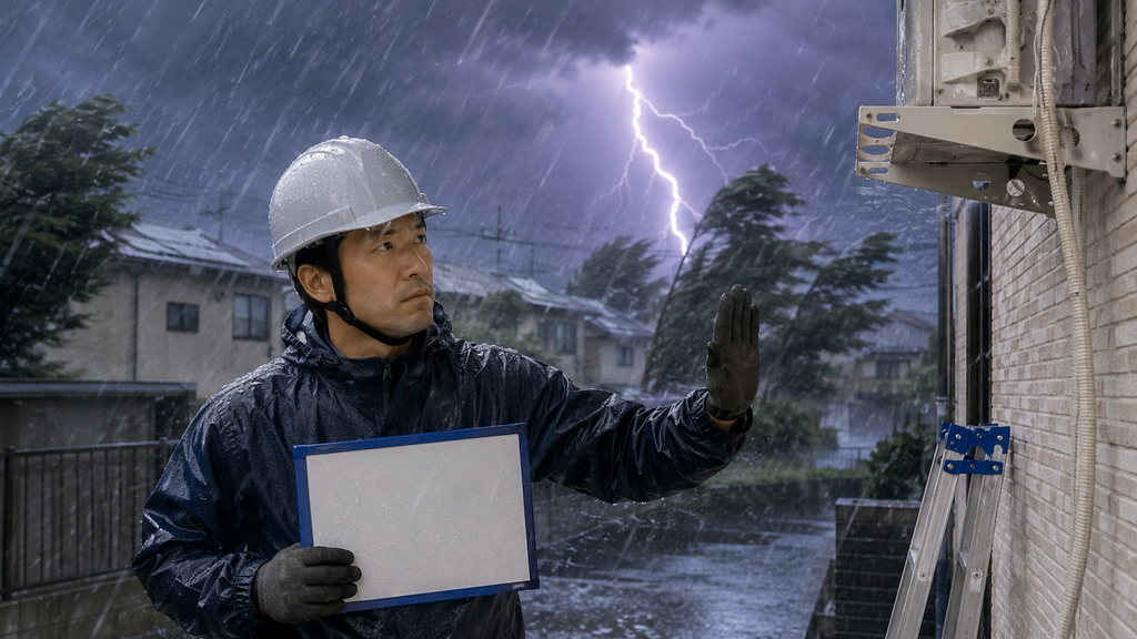 大雨と強風、雷により安全を優先してエアコン取り付け工事を延期する日本人作業員