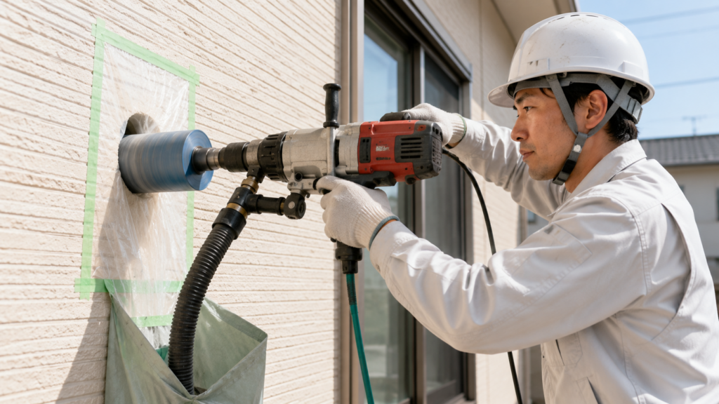 住宅の外壁に専用コアドリルでエアコン用の穴を開ける、日本の専門業者の熟練スタッフ。養生と集塵対策を徹底。