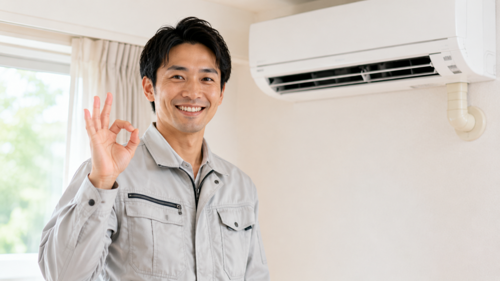 笑顔で安心感を与えるエアコン工事の職人
