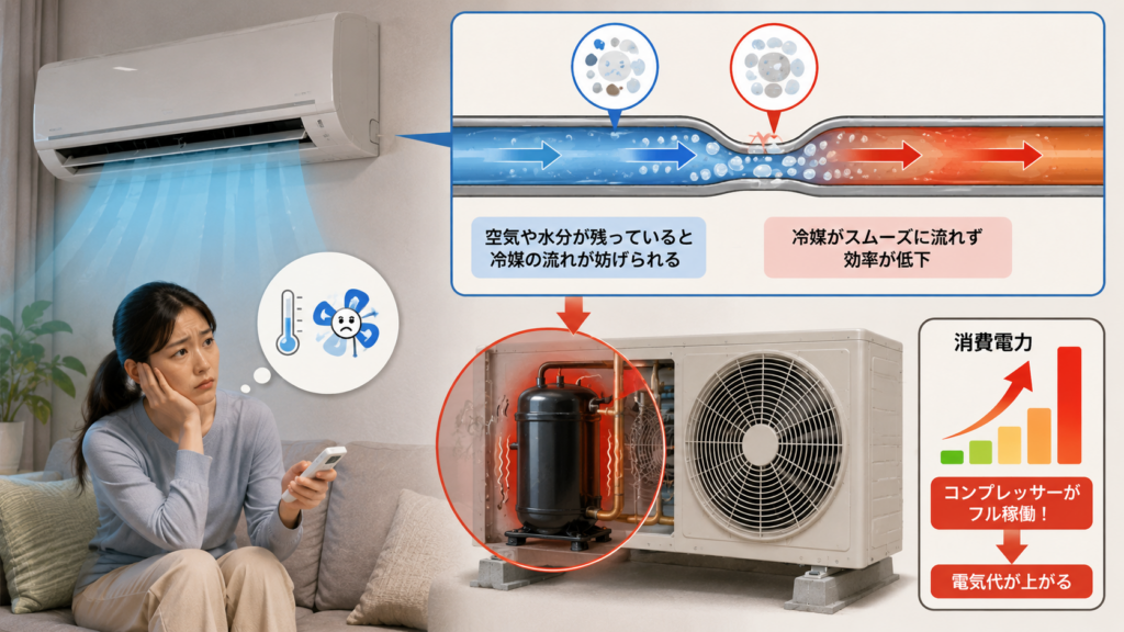 真空引き不足で冷媒の循環が悪くなり、エアコンの冷房効率低下と消費電力増加が起きているイメージ
