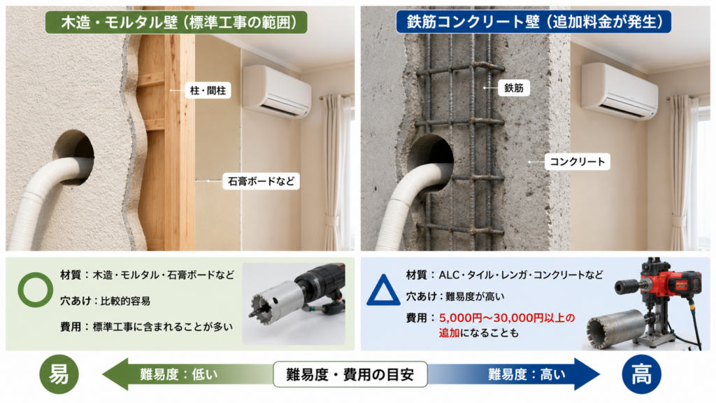 木造住宅の壁構造と鉄筋コンクリート(RC)壁の断面比較。エアコン穴あけ工事の難易度と費用の違いを視覚化。
